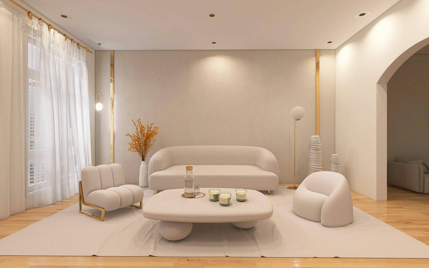 A finished living room in cream and pale stone