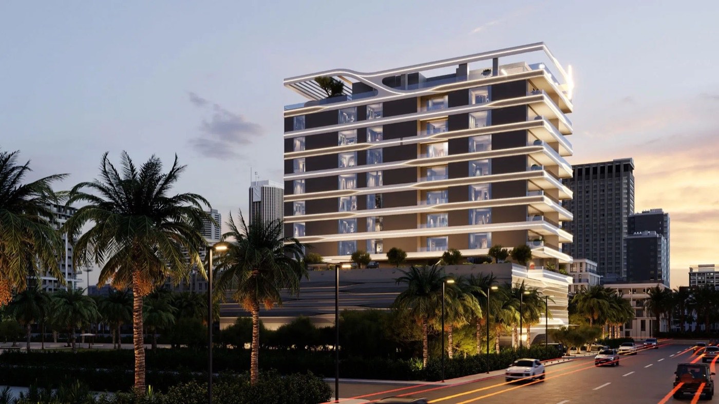 A mid-rise residence on a city boulevard